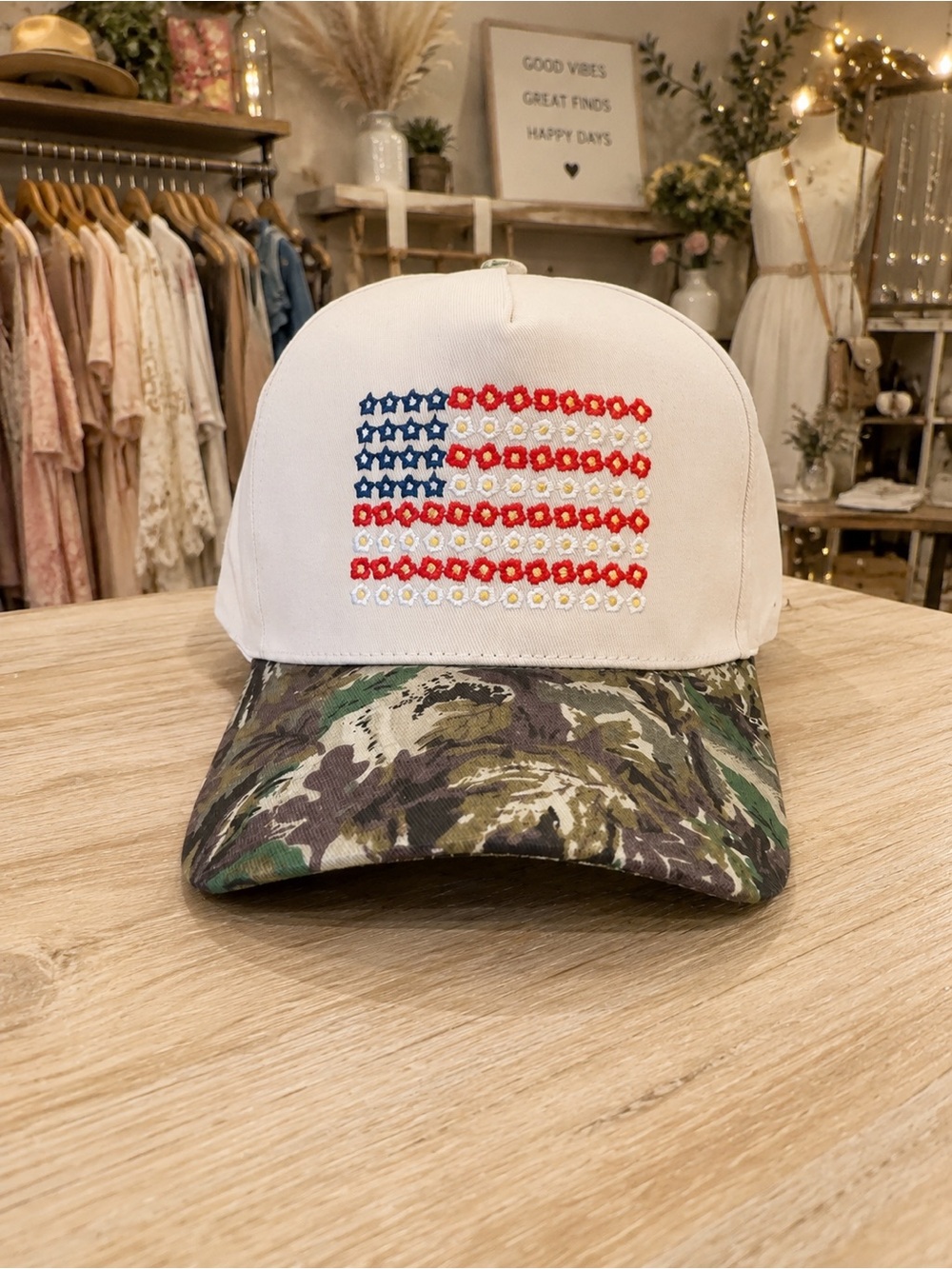 Boutique Patriotic Daisy American Flag Camo Baseball Cap Adjustable NWT